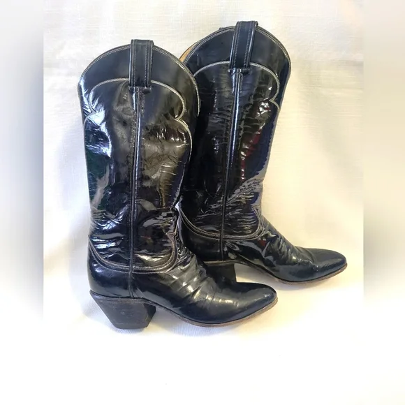 Vtg. Tony Lama Black Patent Leather Cowboy Boots size 6A